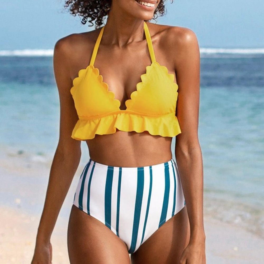 Cupshe Ruffle Stripe High Waisted Bikini